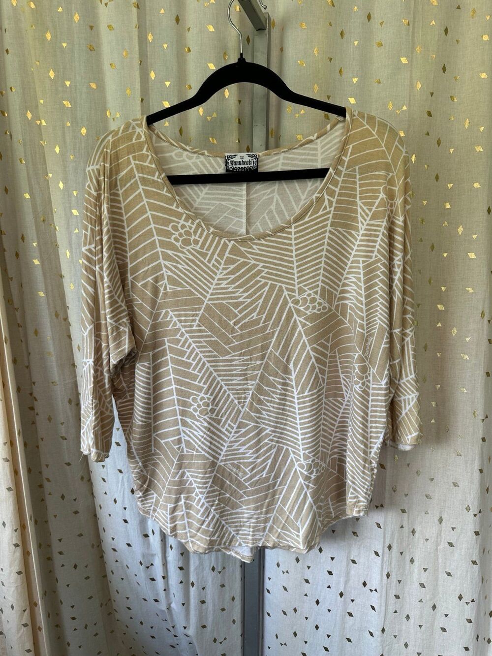 Manuheali'i Niu Neutral Geometric Dolman Sleeve Knit Scoop Neck Blouse Top XS